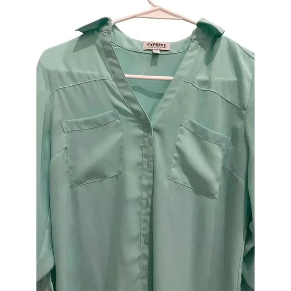 Express Women's XS Green Portofino Blouse Long Roll‎ Tab Sleeve Casual - Picture 2 of 3